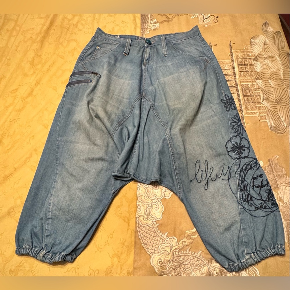 Vintage Desigual Blue Denim Harem Pants with Floral Design, Size 40